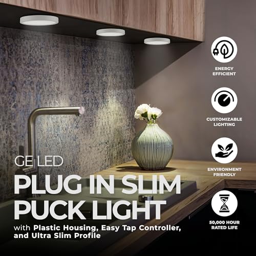Image of GE Lighting LED Slim Puck Light Plug-in Fixtures with Touch Control, Warm White, 3 Inches (3-Pack)