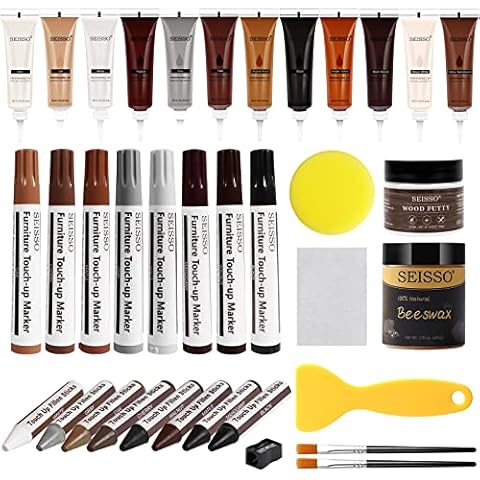 SEISSO Wood Furniture Repair Kit, 12 Colors Wood Fillers, Wood Putty with Beeswax, Furniture Touch Up Markers with Wood Crayons, Hardwood Floor Repair Kit for Stains, Scratch, Cracks, Hole Cover