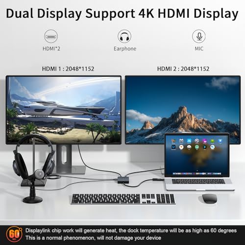 Image of Giq HDMI Splitter Extended Display for Dual Monitor, Dual 2K@60Hz Universal Video Graphics USB to Dual HDMI Adapter for USB 3.0 /USB-C Adapter, Compatible with USB4,Windows and Mac