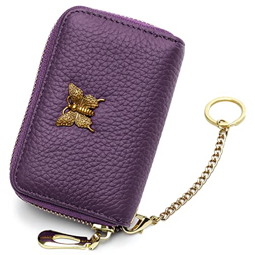 Image of imeetu RFID Credit Card Holder for Women, Business Card Wallet, Purple, Small, Credit Card Case Wallet | Genuine Leather Card Case Wallet with Zipper and Removable Keychain, 12 Card Slots & 2 Cash Pockets, Daily, Travel, Gifts