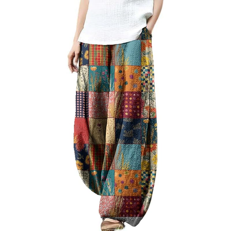 Women's Multicolor Mid-Calf Length Patchwork Style Harem Pants, Casual, Spring/Summer