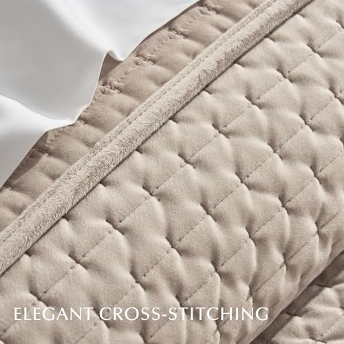 EverGrace Luxury Velvet Quilt Set King Size 3 Piece, Soft Cross-Stitch Velvet Comforter Set with Pillow Shams, Lightweight Coverlet Bedspread Bedding Set for All Seasons, Light Taupe - Image 5