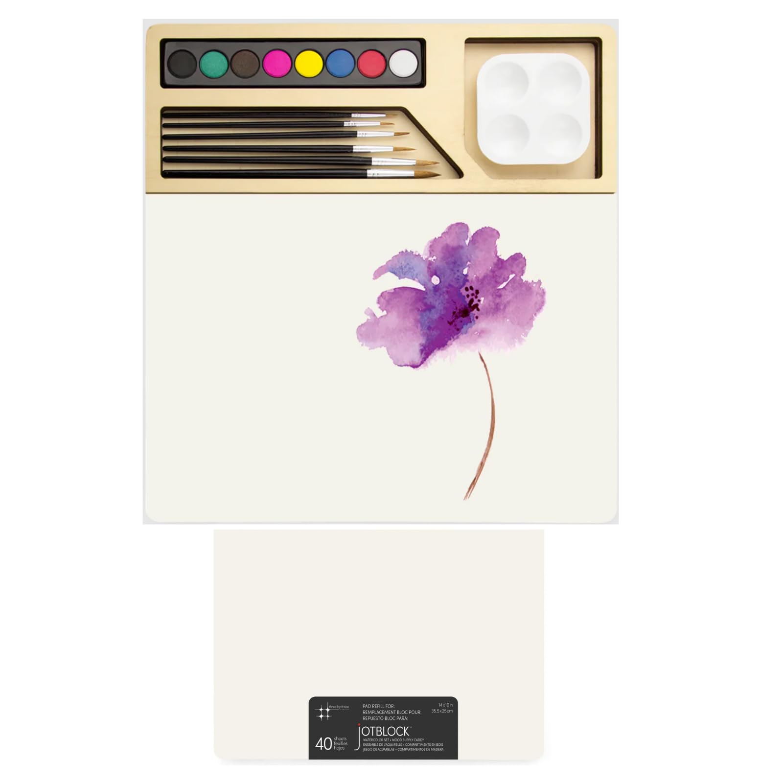 Three by Three Seattle jOTBLOCK Portable Watercolor Bundle: Quality 40 Sheets of Paper, Vibrant Watercolor Cakes, Brushes, and Palette, Includes Additional Pad Refill of 40 Sheets