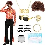 COYBTO Deguisement Disco Homme, Tenue Annee 70, Vetement Disco homme et Accessoires, Perruques, Costumes Carnaval pour Halloween, Annee 60 70 Party, Anniversaire, Cosplay (Orange 1, XL)