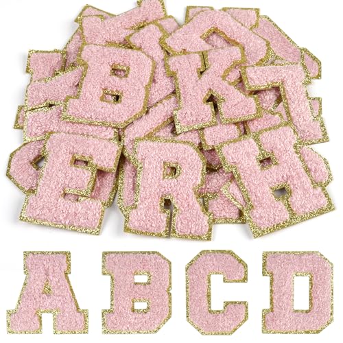 CHRORINE 26/52/104 Pcs Self Adhesive Chenille Letter Patches A-Z, Also Supports Sew or Iron on, Embroidered Alphabet Patches Stickers for DIY Clothing, Bags, Hats (26, Light Pink, Height 2.16″)