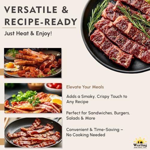 Image of Werling Fully Cooked Canned Bacon 12 oz - Ready to Eat Smoked Bacon, Shelf Stable up to 5 Years, Long-Term Food Storage, Emergency Survival Food, Camping & Hiking Meals, Pantry Staple, Canned Meat, Pack of 12