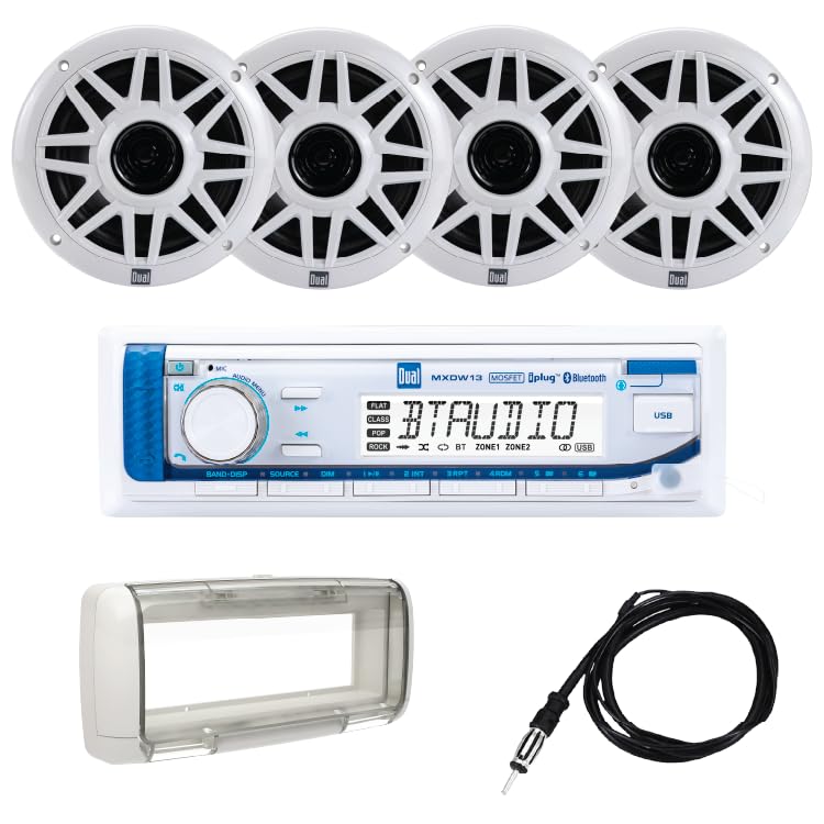 Dual Receptor Multimedia Digital Am/FM Marino MXP154SG con Bluetooth Integrado | (4) Altavoces Marinos de 6,5 ″ | Splashguard | Antena | Reproducción USB con Carga rápida 2.1A | Blanco