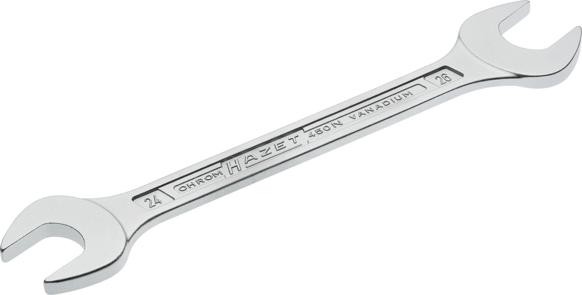 HAZET Podwójny klucz płasko-oczkowy 450N-24X26 chromowany, rozmiar klucza: 24 x 26 mm, pozycja szczęk: 15°, trzon z bardzo wytrzymałym podwójnym profilem T HAZET, Made in Germany