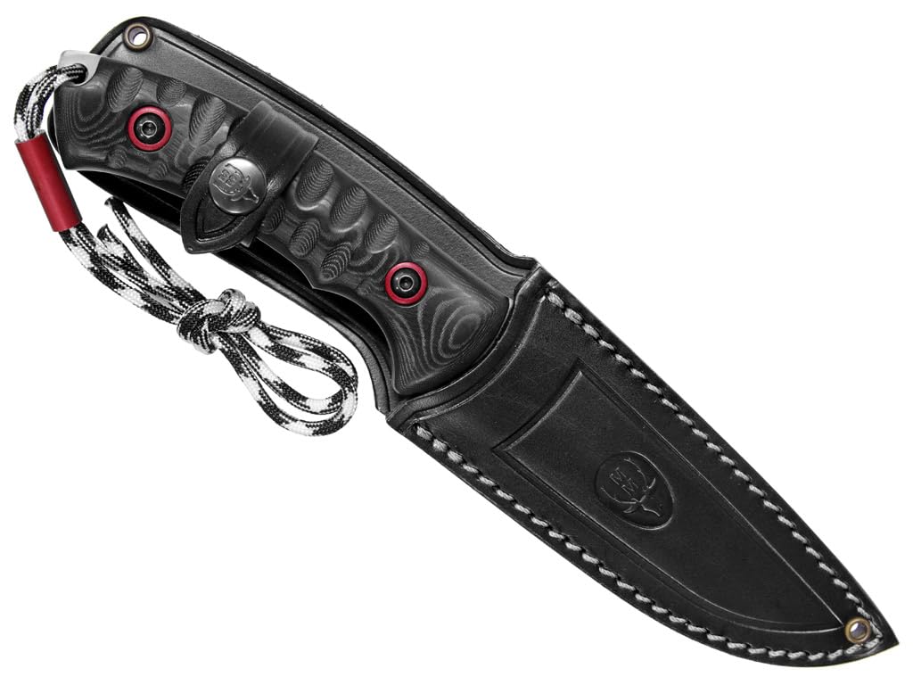 LO TRINCO YO Muela Cuchillo PHANTOM-12W hoja de acero MoVa X50CrMoV15 de 12 cm y empuñadura de Micarta negra con separador rojos para Caza, Pesca, Supervivencia y Bushcraft.
