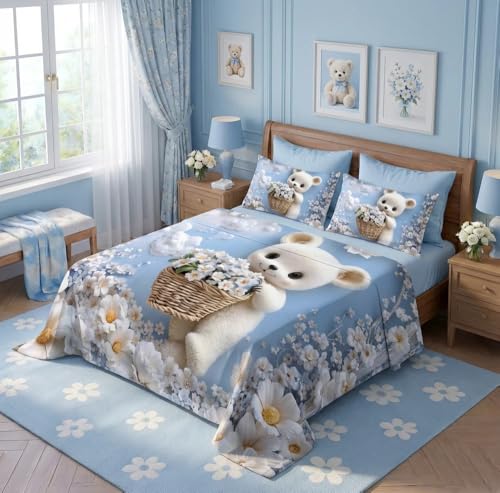 Image of 7D Fairy Tale Cozy Teddy Collection Double Bedsheet 90x100 inch with 2 Pillow Covers | Good Stitching, Soft Fabric & Vibrant 7D Digital Print for Kids & Couples (Blue)