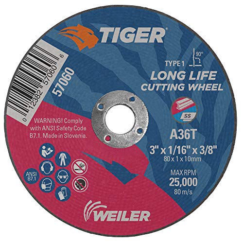 Image of Weiler 57060 3-Inch Cutting Wheel, Tiger AO Steel /Metal Long Life, Performance Cutting, 1 /16 inch A36T Type 1 3 /8 inch Arbor (Pack of 100)
