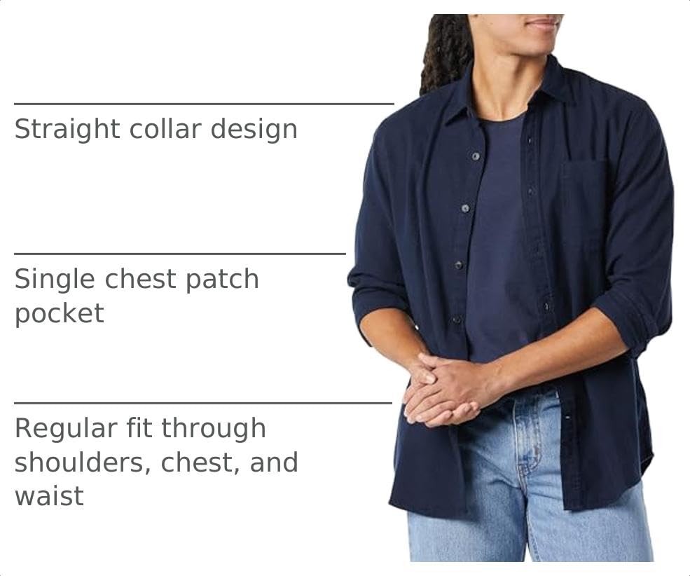 Image of Amazon Essentials Men's Regular Fit Long-Sleeve Flannel Shirt, Soft Brushed Cotton, Lightweight yet Warm