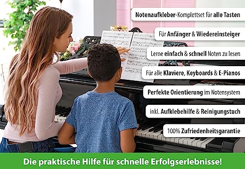 ARTIST AHEAD Noten Aufkleber für Klavier & Keyboard – Piano Sticker Komplettset für 49 / 61 / 76 / 88 schwarze + weiße Tasten / C-D-E-F-G-A-H (inkl. Anleitung, Holzspatel & Mikrofasertuch)