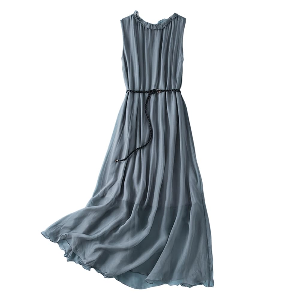 DISSA Damen Seidenkleid Einfarbiges Rundhals Ohne Arm 100% Seide Kleid Luftiges Hoch Taillierte Rüschen Knielanges Mulberry Seidenkleid,D98003