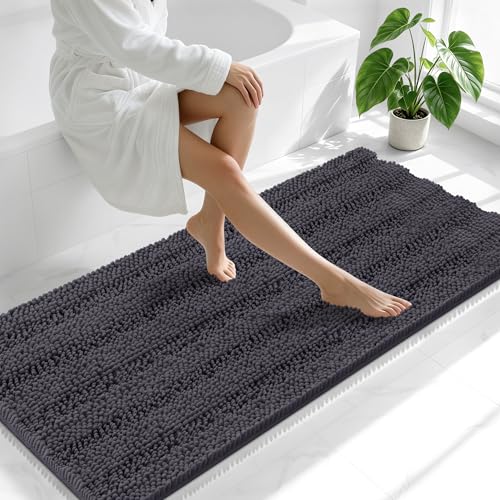 Image of Smiry Thick Chenille Bathroom Runner Rugs 59x24, Absorbent Striped Bath Mat, Machine Washable, Rubber Backing, Extra Long Bath Rugs for Tub & Shower, Modern Home Decor Accessories, Dark Grey