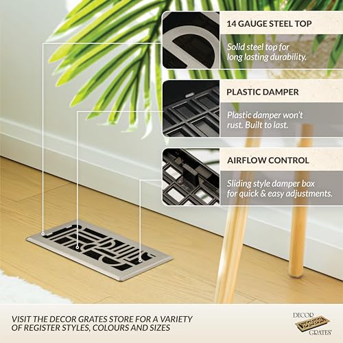 Décor Grates ADH412-NKL Art Deco Floor Register, 4x12 Inches, Brushed Nickel, 1 Pack by Decor Grates - Image 2