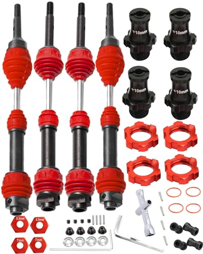 hopsupRC Drive Shaft CVD Upgrades Part for 1/10 Slash Rustler Stampede VXL 4wd,Aluminum Hex Hub Adapters 12mm to 17mm W/10mm Offset & #45 Steel Front Rear Driveshaft Axles,Red