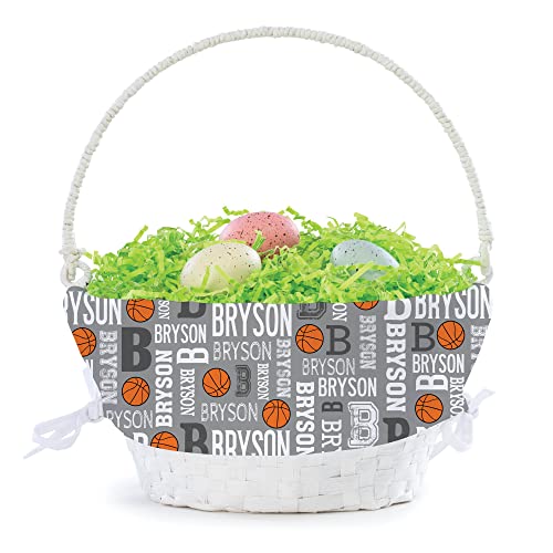 Personalized Basketball Easter Egg Basket with Handle and Custom Name | Gray Easter Basket Liners | White Basket | Woven Easter Baskets for Kids | Customized Easter Basket