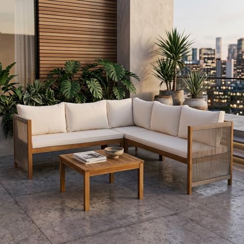 Yihomfy Salon de Jardin d Angle Exterieur, Canapé de pour 4 Personnes avec Table et Coussins, Cadre en Bois et Mains courantes tressées, Éléments Librement combinables, Gris