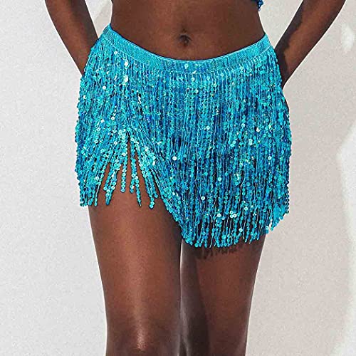 Reetan Boho Belly Skirt Sequins Belly Hip Scarf Tassel Fringe Skirt Rave Party Dance Performance Costume For Women And Girls (H-Blue) #TOP4