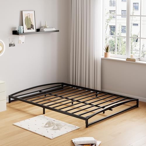 GarveeHome Low Bed Frame, 6 in Queen Size Metal Platform Bed Frame with Arch Design, Heavy Duty Bed Frame, Strong Bearing Capacity, No Box Spring Needed, Black Queen Black
