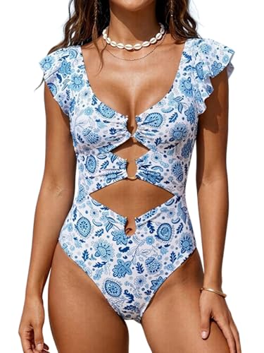 Best Bathing Suits for Broad Shoulders: 7 Stylish Picks for Women Over 50 16 B2prity Women One Piece Swimsuit Tummy Control Ruffle Sleeve V Neck Bathing Suit Cutout Sexy High Waisted Monokini
