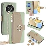 YOUULAR Capa tipo carteira com alça transversal compatível com Xiaomi Redmi A3 4G, bolsa magnética com zíper, capa flip de couro PU à prova de choque com suporte verde