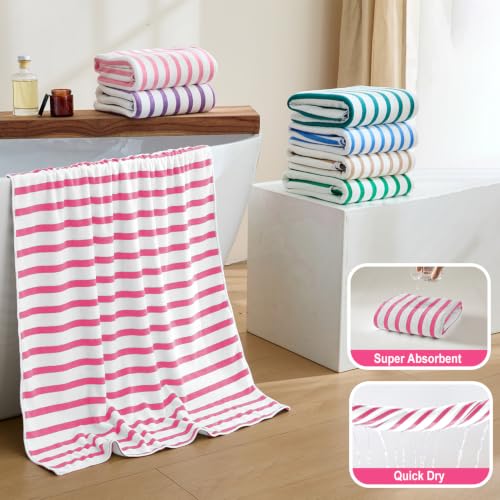Image of JML Microfiber Bath Towels Set, 2 Pack, 30 inch x 60 inch, Absorbent Quick Drying Beach Towel Cabana Stripe for Adult, Travel, Summer, Sport, Swimming, Pool, Yoga, Camping, Microfiber StripePink