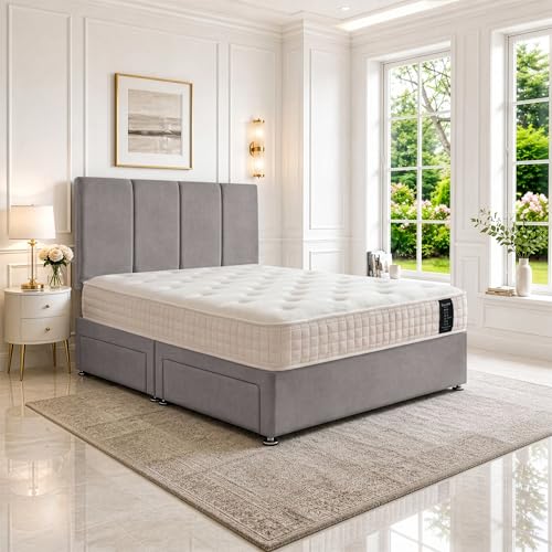 Double Divan Bed with Orthopedic Posture Support Multi-Layer Pocket Sprung Mattress Headboard & 2 Storage Drawers Plush Silver Fabric 4FT6 UK Made Space-efficient Bedroom Guest & Kids Room