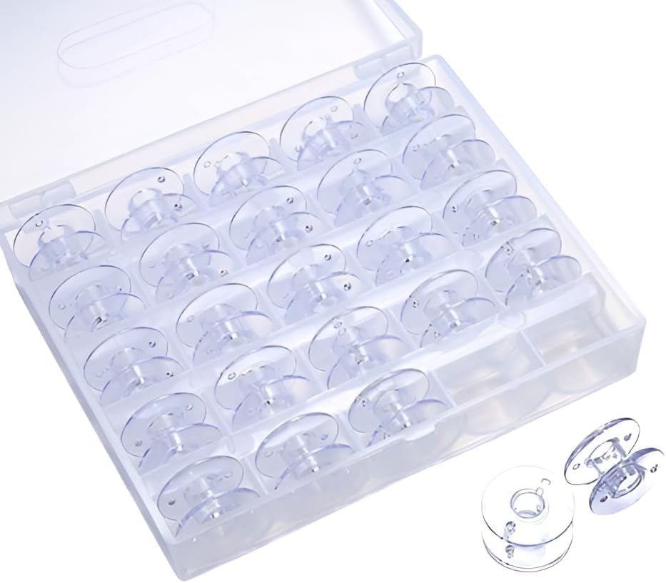 - 25 Pcs Transparent Plastic Sewing Machine Bobbins with Storage Case – Compatible with Usha, Janome, Singer & Other Home Machines, Durable Reusable Empty Bobbins Set