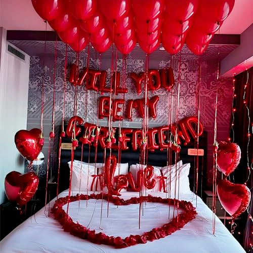 Will You Be My Girlfriend Balloon Decoration Kit Party Pack Romantic Proposal Set with 30 Inch Love Balloon 20 Heart Balloons 50 Red Latex Balloons 2000 Rose Petals & 200m Ribbon (Red Kit)