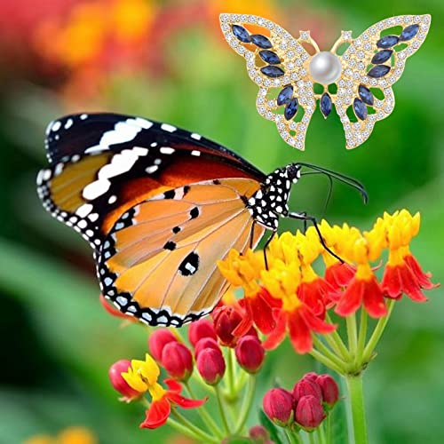 Image of FEELMEM Crystal Rhinestone Butterfly Brooch Pin Blue Color Butterfly Brooches for For Women Wedding /Banquet /Birthday Party