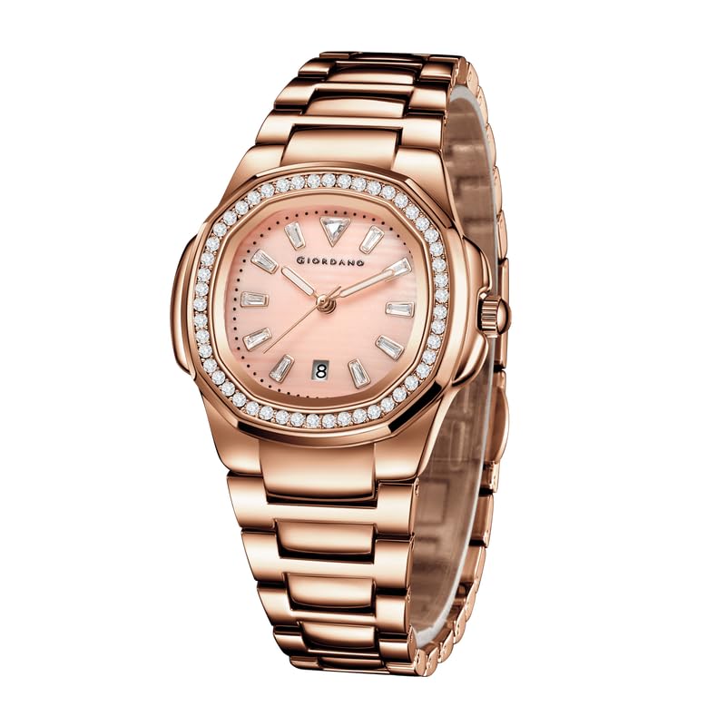 Image of Giordano Luxury Analog Quartz Watch for Women with Square Textured Dial, Crystal Indices, Date Display Function and Stainless Steel Strap - GZ-60116