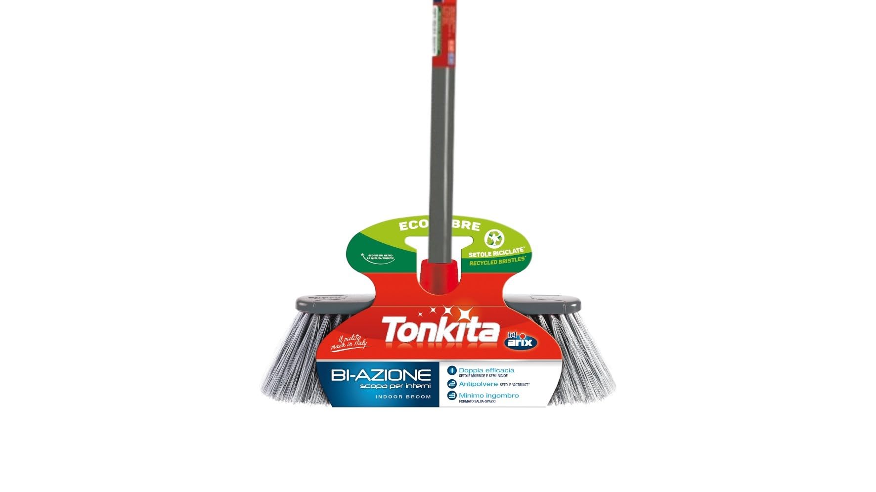 Tonkita Bi-Action+ Stick Broom – Heavy-Duty Indoor Broom with Built-In Squeegee and Furniture Protection