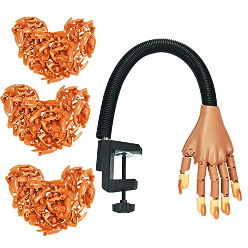 Main d'Entrainement Manucure, Faux ongles, 300 Morceaux d'Ongles et Fausse Main Manucure, Amovible Main Entrainement Ongles pour Manucure à Ongles Bricolage (brun)