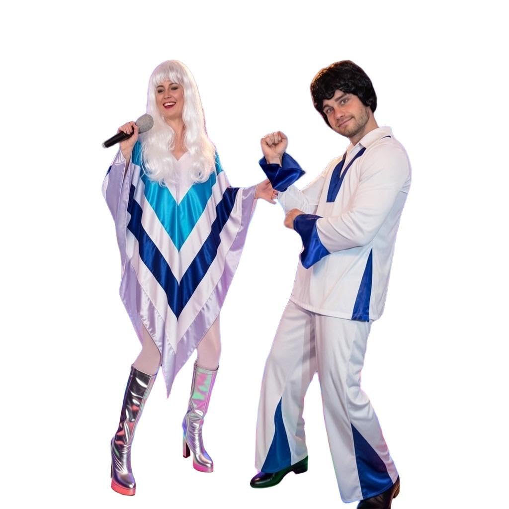 SoWest 70s Disco Super Trooper Costume Bundle – 38 Inch Silver Poncho Cape with Blue Stripes & Retro Disco Top and Trousers | Eurovision 1970s Fancy Dress Outfit for Adults - XL