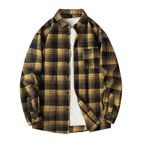 Men's Plaid Shirt Spring and Autumn Fashion Retro Personality Plaid Shirt Casual Youth Long Sleeve Drop Shoulder Shirt Camiseta Hombre (2-Yellow, XXXXL)