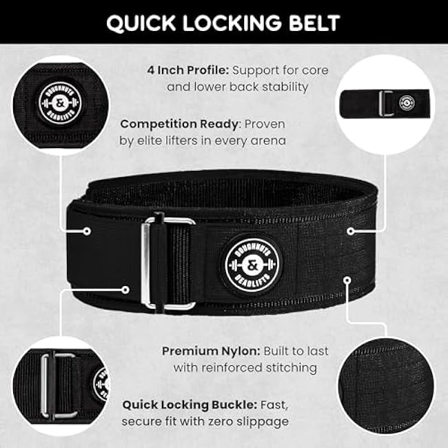Quick Locking Weight Lifting Belt for Squats, Deadlifts, Bodybuilding, and Powerlifting - 4 Inch Back Support, Locking Metal Buckle with Velcro - Premium Design, Competition Standard