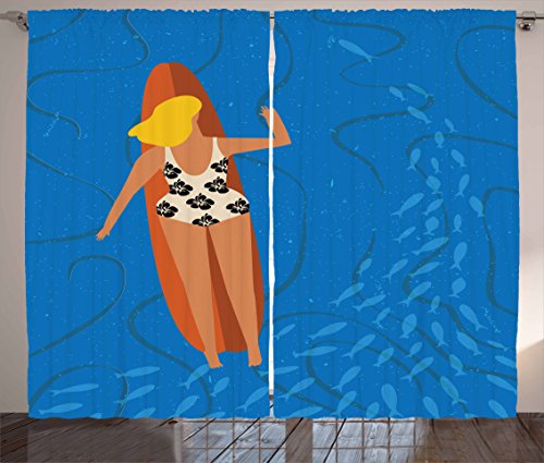 Lunarable Summer Curtains, Blonde Surfer Woman Swimming in The Sea