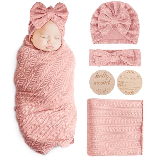 Image of AQOKKA Newborn Receiving Blanket with Bow Hat Headband Wooden Card Set Wheat-Pattern Newborns Toddler Baby Boy Girl Nursery Swaddle Wrap