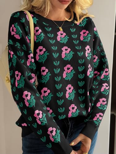 Saodimallsu Womens Long Sleeve Floral Sweaters Fall Crew Neck Casual Loose Knitted Pullover Tops4
