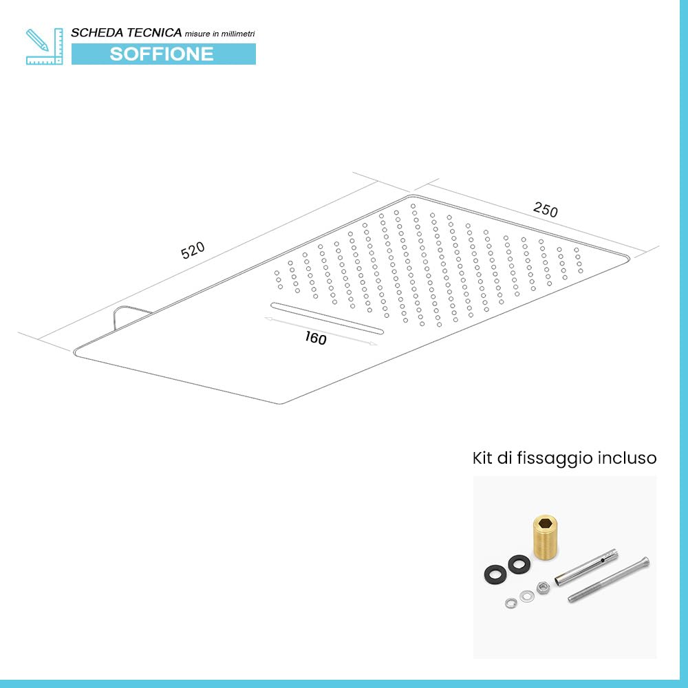 Soffione doccia a sbalzo cromo lucido 25x52 slim con cascata ed effetto pioggia, in acciaio inox