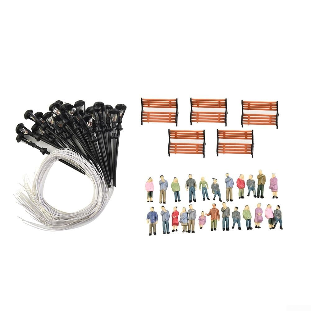 49 Pcs 1:87-1:100 Scale Model Train Scenery Set, Includes 24 People Figures, 5 Benches, And 20 Lampposts, Realistic Details For Station Platforms And Street Scenes,