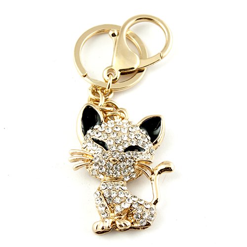 Sommet Jewelry Gold Tone Rhinestone Kitty Cat Design Hook Clip Key Ring Charm
