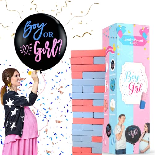 Gender Reveal Game – Baby & Pregnancy Party Ideas With Gender Reveal Balloon & Poker, 51 Pink & Blue Wooden Blocks, Team Boy or Girl Stickers, Glitter | Baby Shower Games & Decorations by Party Rizz - Used condition - Image 9