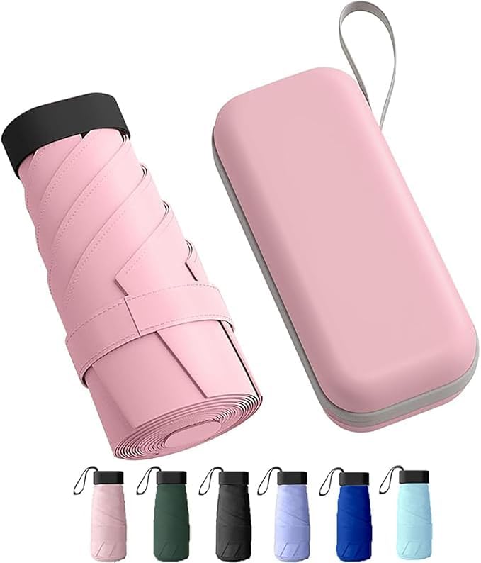 Image of WOOMZY UV Travel Mini Folding Ultra Compact pastel Umbrella with Case, Manual Open 6 Ribs Lightweight Portable, Small Sun & Rain Pocket Umbrella for Men and Women- Use in Rain & Summer (LIGHT PINK)