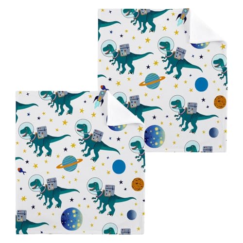 YANENDIE Space Dinosaurs Washcloths Towels, Highly Absorbent and Soft Cotton Face Cloths, 2 Pack Quick Dry Wash Cloths - 12 X 12 Inches