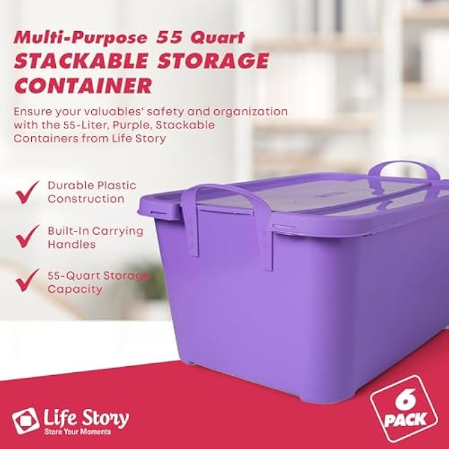Life Story 6-Pack Stackable Plastic Storage Bins w/Handles & Snapping Lids, 55 Qt., Purple