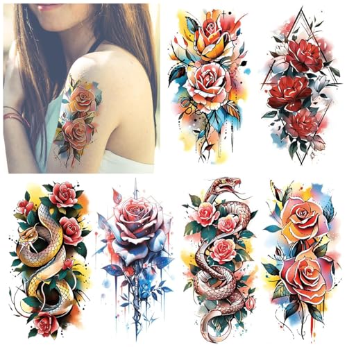 Image of MAYCREATE 6 Sheets Watercolor Rose Temporary Tattoos For Women Arm Girls Adults, Water Color Peony Flower Tattoo Sticker, Bulk Temp Fake Long Lasting Colorful Floral Tattoo 21x11.4cm