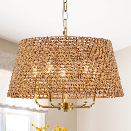 Image of 19.7 inch Gold Boho Rattan Chandelier, 5-Light Wicker Light Fixture | Hand-Woven Rattan; Vintage Farmhouse Style; Adjustable Height; Drum Chandeliers for Dining Room, Kitchen, Bedroom, Entryway